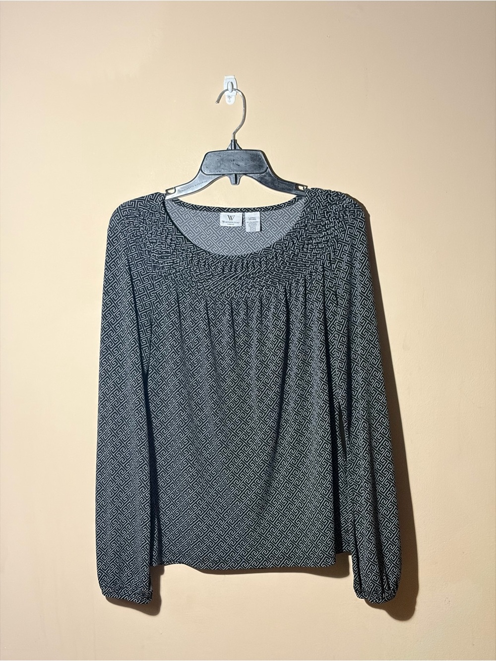 Worthington Stretch Size Large Black Geometric Long-Sleeve Blouse